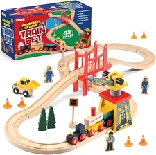 Wooden Train Set 38 Pcs for Toddlers Compatible with All Major Brands