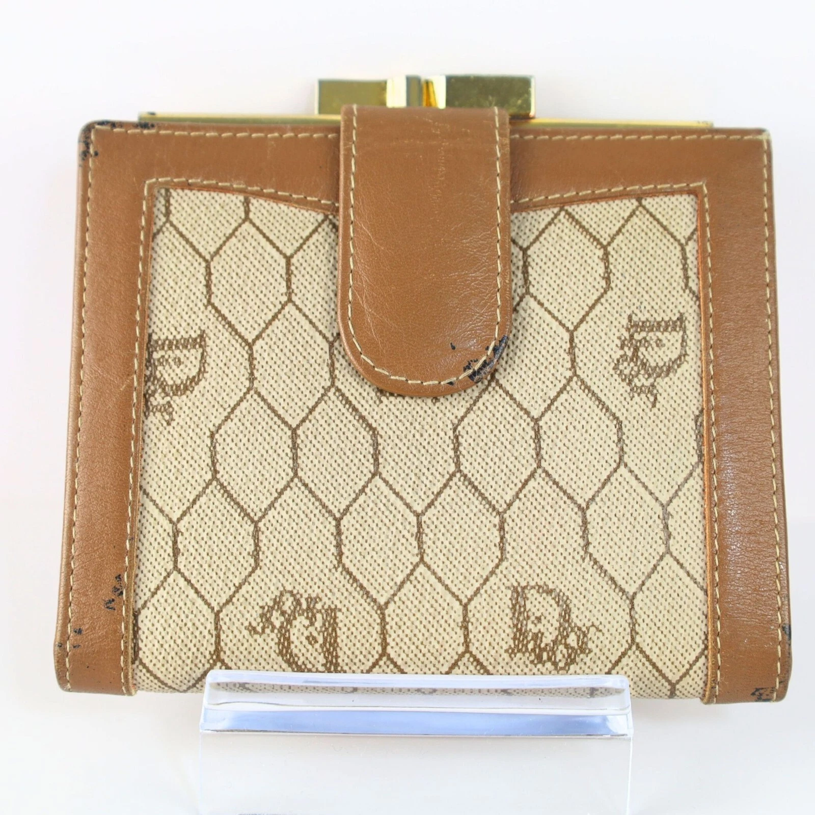 Portefeuille vintage Christian Dior nid d'abeille marron pour femme