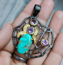 Gemstone Arizona Turquoise 925 Sterling Silver SPIDER WEB Pendant Fine Jewelry