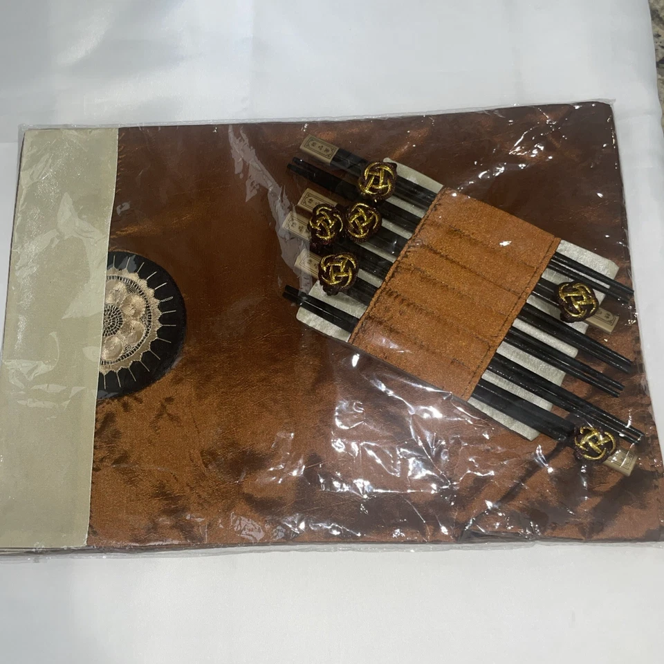 NEW ORIENTAL 6 SILK MEDALLION PLACEMATS W SIX SETS CHOPSTICKS With Holder - Image 2 of 4