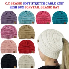 C.C BeanieTail Soft Stretch Cable Knit Messy High Ponytail Beanie Hat Bun Cap US