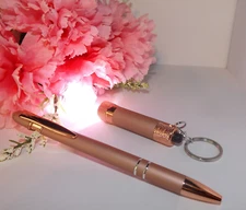 Key Ring with LED Mini Flashlight & Ballpoint Pen - Rose Gold - Gift Box