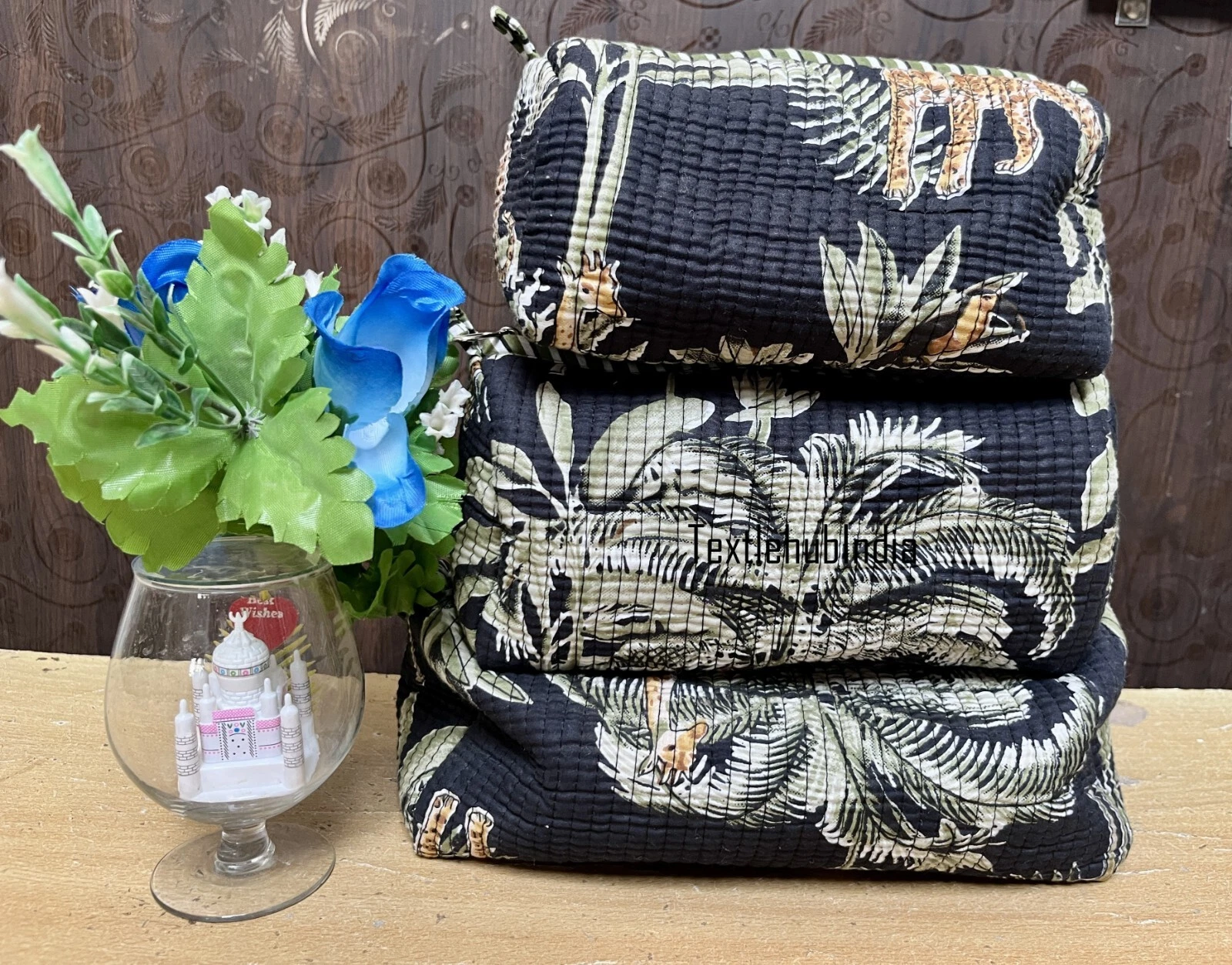 Indian Giraffe Printed Cotton Quilted Toiletry Purse Cosmetic Storage Bag Of 3Pc