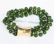 5 Strands Natural 6mm Deep Green Jade Round Gems Beads Bracelet 8'' Magnet Clasp