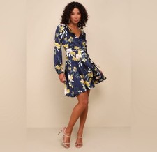 Lulu’s “Love Is Life” Navy Floral Print Satin Wrap Dress - Size XS