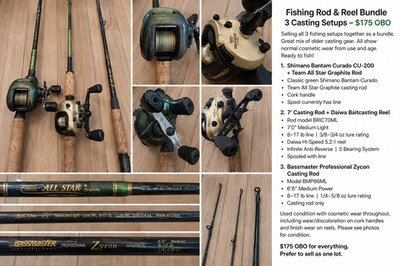 Fishing Rod & Reel Bundle   3 Casting Setups   $150 OBO