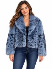 Glamour Blue Faux Fur Jacket Women  s M Cropped Leopard Print Plush Coat