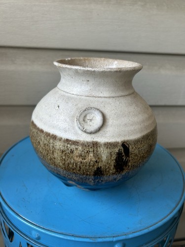 Vintage Brown Drip Glaze Button Art Pottery Vase Neutrals Signed 7"