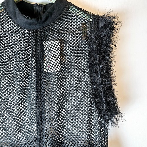 Posh Shoppe transparentes schwarzes Kleid mit Federärmeln und hohem Kragen durchgehendem Netz, 1X, neu mit Etikett - Bild 5 von 11