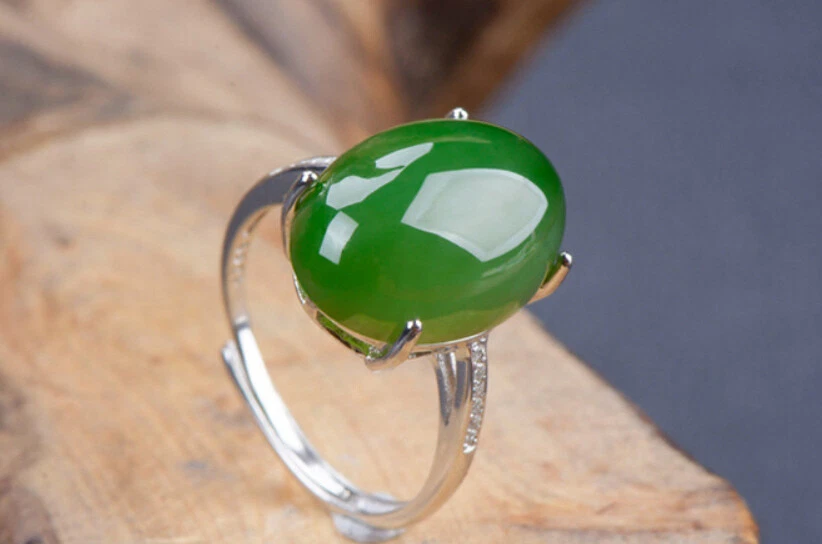 B14 Anello Verde Giada Argento Sterling 925 Nobile Elegante Regolabile - Immagine 3 di 3