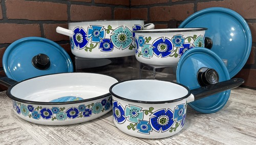 Vintage National Silver Company Blue Flower Pot Set Porcelain Steel Spain RARE - Picture 2 of 16
