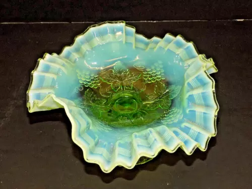 Dugan Green Opalescent Threaded Grape Pattern Peddestal Fruit Compote