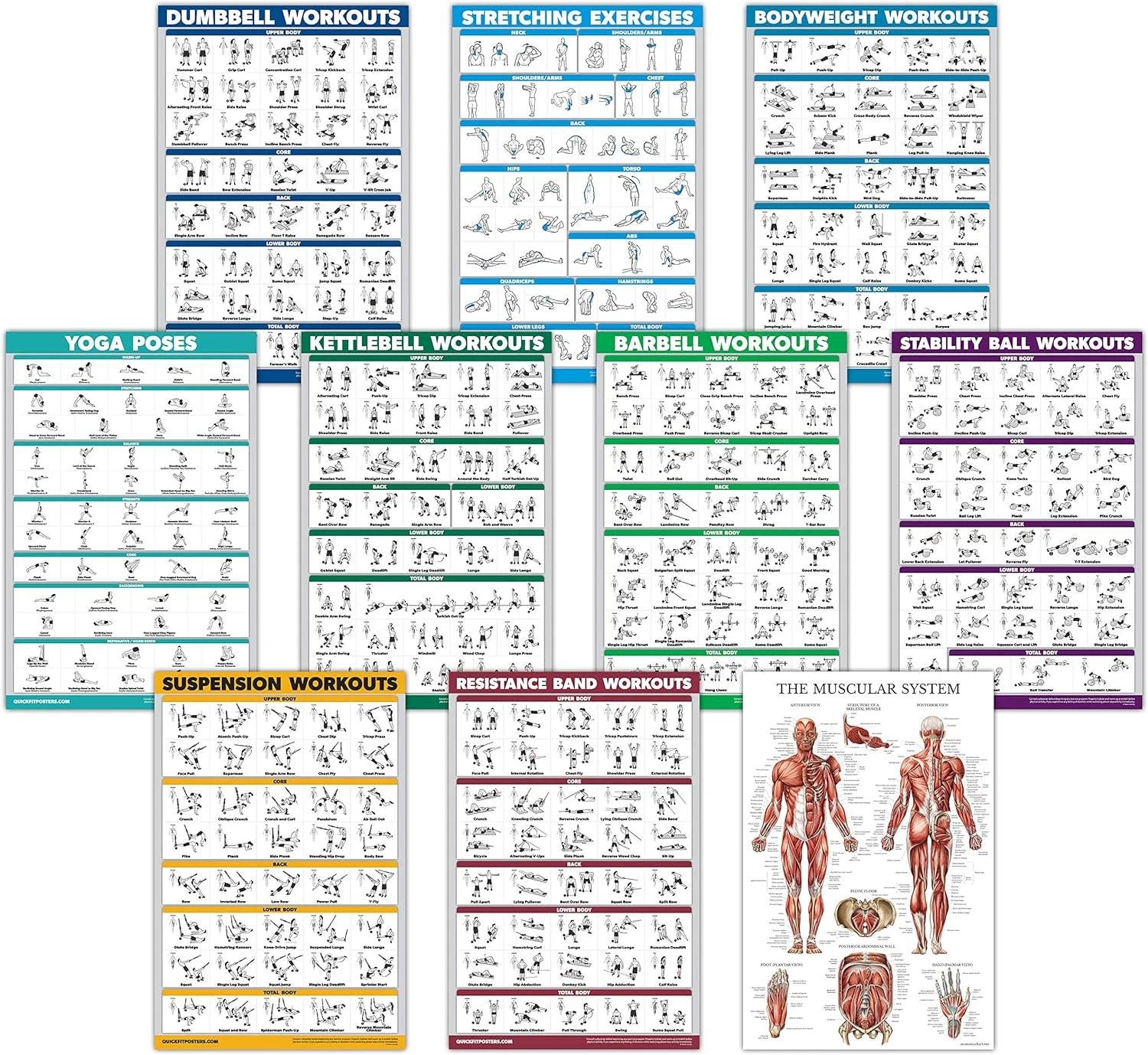 10 Pack Exercise Workout Posters: Dumbbell, Kettlebell, Resistance Bands & More