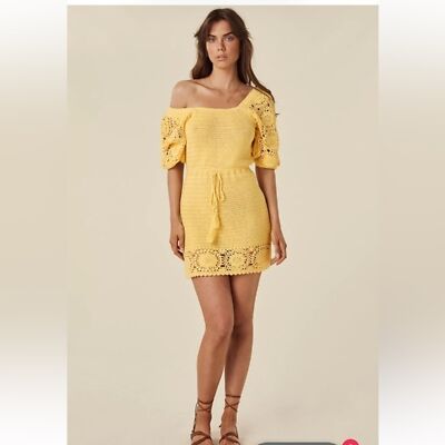 spell let the sunshine in crochet dress NEW Spell Let The Sunshine In Crochet Knit Mini Dress Short Sleeves Yellow M