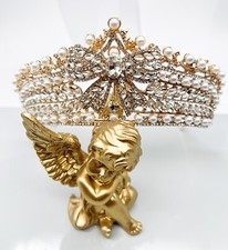 Vintage Silver Plated Queen Princess Crown Crystal Pearl Bride Tiara Birthday