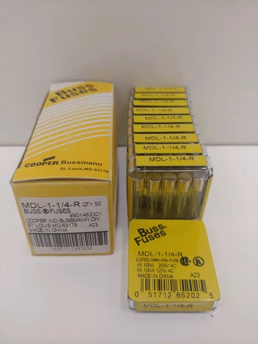 BOX OF (50) NEW OLD STOCK! BUSSMANN 1.25A 1-1/4 AMP 250V FUSES MDL-1-1/4-R