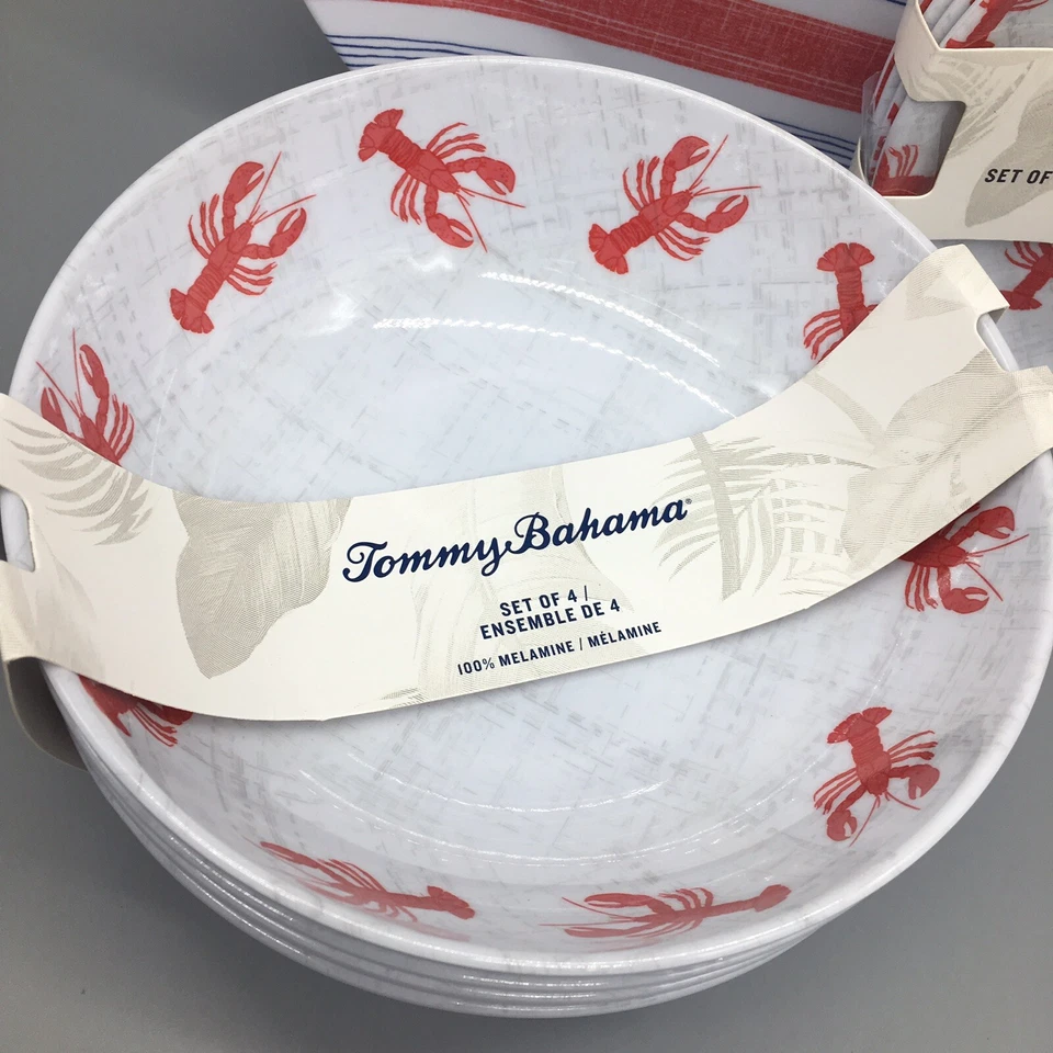 Conjunto de tigela de jantar 12 peças Tommy Bahama lagosta vermelha melamina prato salada listra azul - Imagem 2 de 4