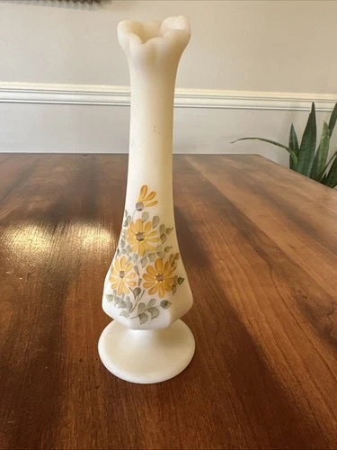 Fenton Satin Custard Swung 7.5" Bud Vase Hand Painted Signed Vicki Fielder **