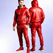 Men's Genuine Red Leather Track Suit Sweatsuit Jogging Hoodie Tracksuit