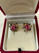 ANCIENNES BOUCLES D'OREILLES OR ROSE /ARGENT MASSIF -  RUBIS ÉMERAUDES
