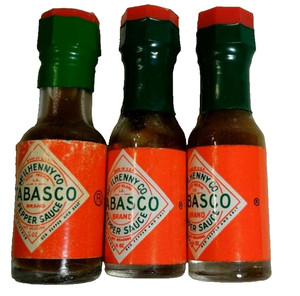 Three VINTAGE Minature 'Tobasco' Hot Chili Pepper glass bottles