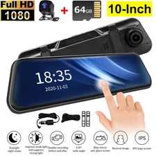 10" Rear View Mirror Dash Cam Touch Screen 1080P Front Rear Car DVR + 64GB Card