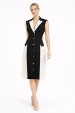 JOSEPH & EREN Paris Black White Pleated Dress Contrast Lapel Button Front US 10