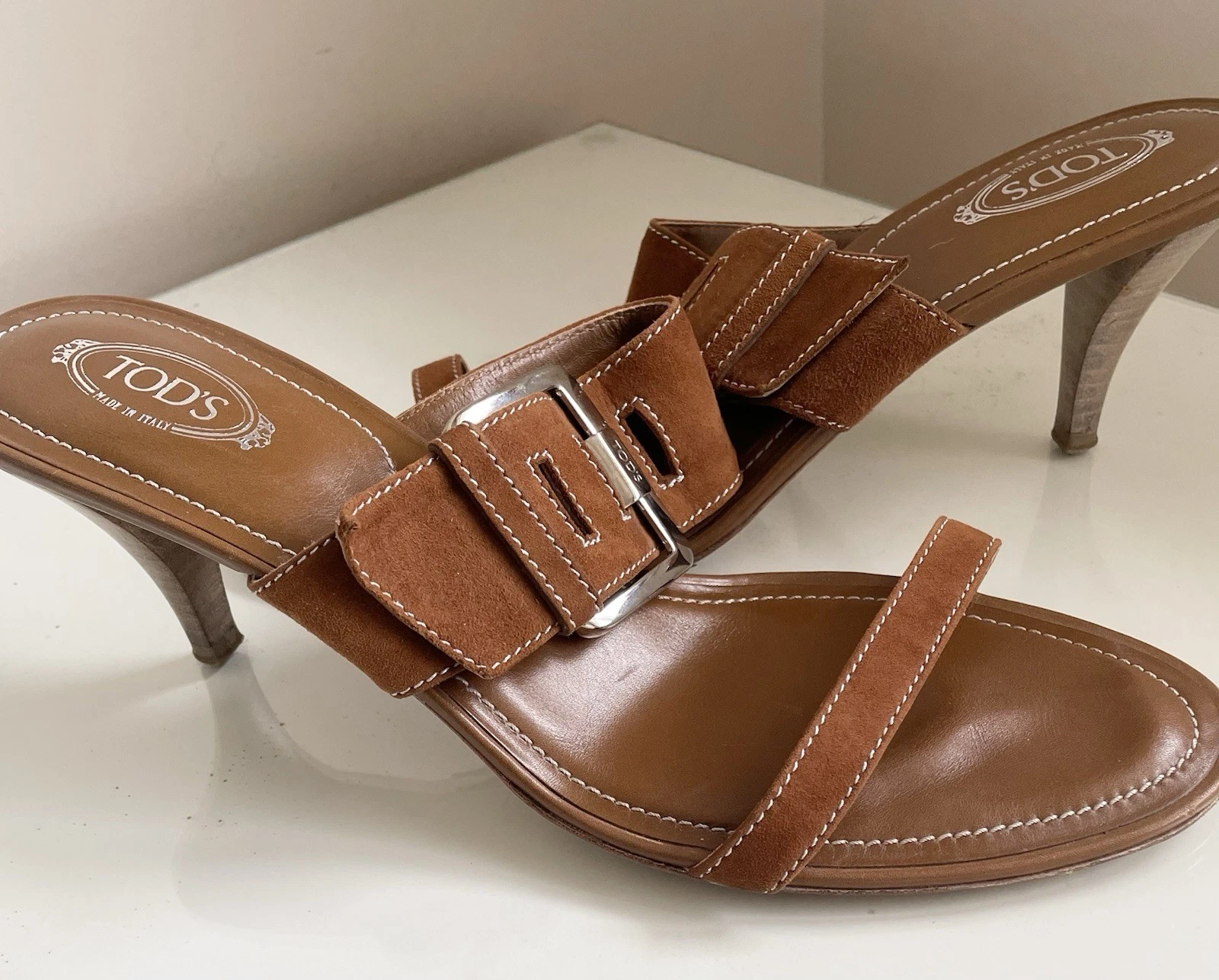 TOD’S Scarpe sandali Tod's marrone marrone scamosciato fibbia mules tacco UK 7 5 Italia