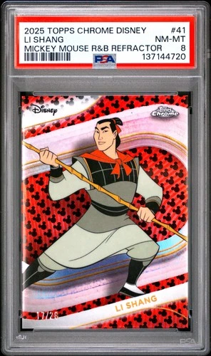 2025 TOPPS CHROME DISNEY MICKEY MOUSE RED &amp; BLACK REFRACTOR LI SHANG 17/28 PSA 8