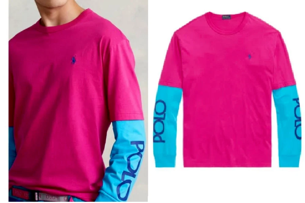$69.50 Polo Ralph Lauren Men's Long Sleeve Jersey Shirt, Pink/Blue, Size XXL