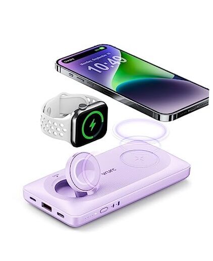 Magnetic Power bank, 10000mAh Portable Charger, 3 in 1 Wireless Purple