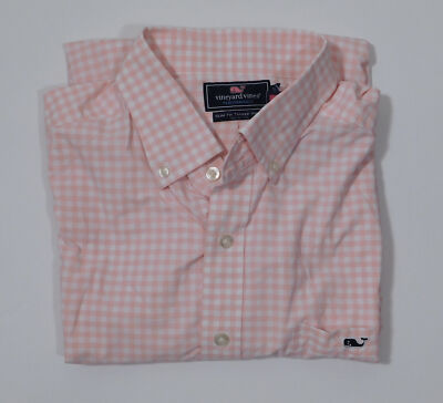 VINEYARD VINES Men's Pink White Plaid Button Down Cotton Stretch Slim Fit Tuc...