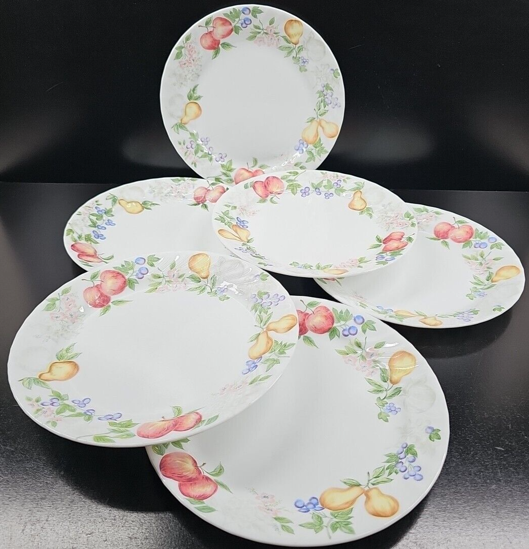 6 Corelle Chutney Dinner Plate Set Corning Fruit Swirl Rim Floral White