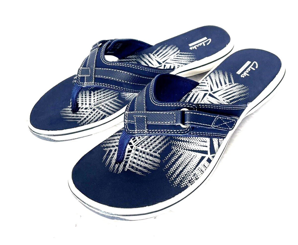 ℳ Clarks 25506 Womens Navy/White Breeze Sea Casual Flip Flop Sandals