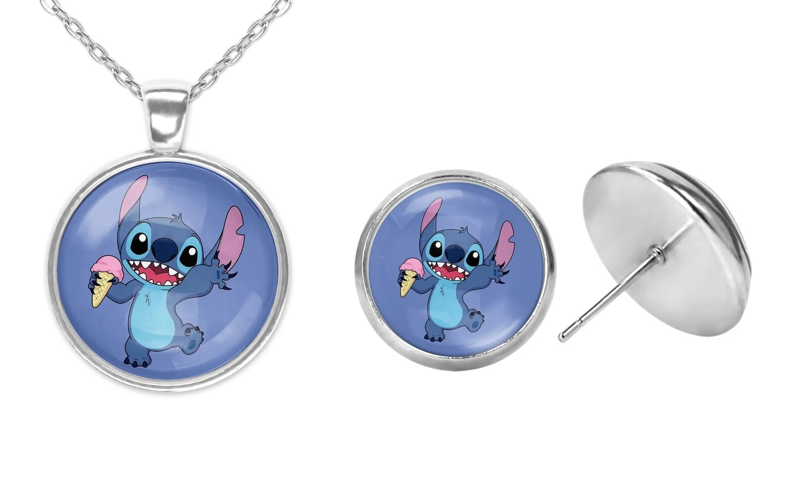 Alien Stitch Blue Ice 12MM glass dome pierced stud earrings Necklace Gift Set