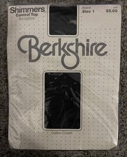 1PR VINTAGE BERKSHIRE SHIMMERS CTRL TOP SANDALFOOT NYLON STOCKINGS SZ 1 BLACK