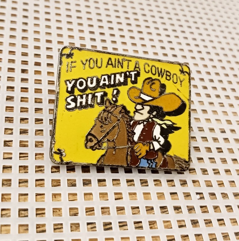 Vintage enamel pin featuring a humorous Western theme w/funny saying