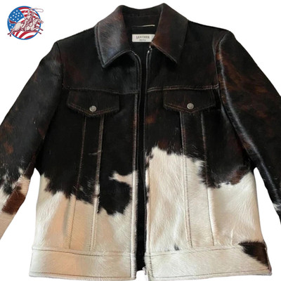 Men's Brown White Western Cowboy Leather Jacket Cowhide Pony Hair Ranch Rodeo US