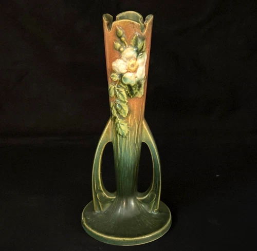 ROSEVILLE POTTERY WHITE ROSE VASE WITH HANDLES #995-7".....PERFECT