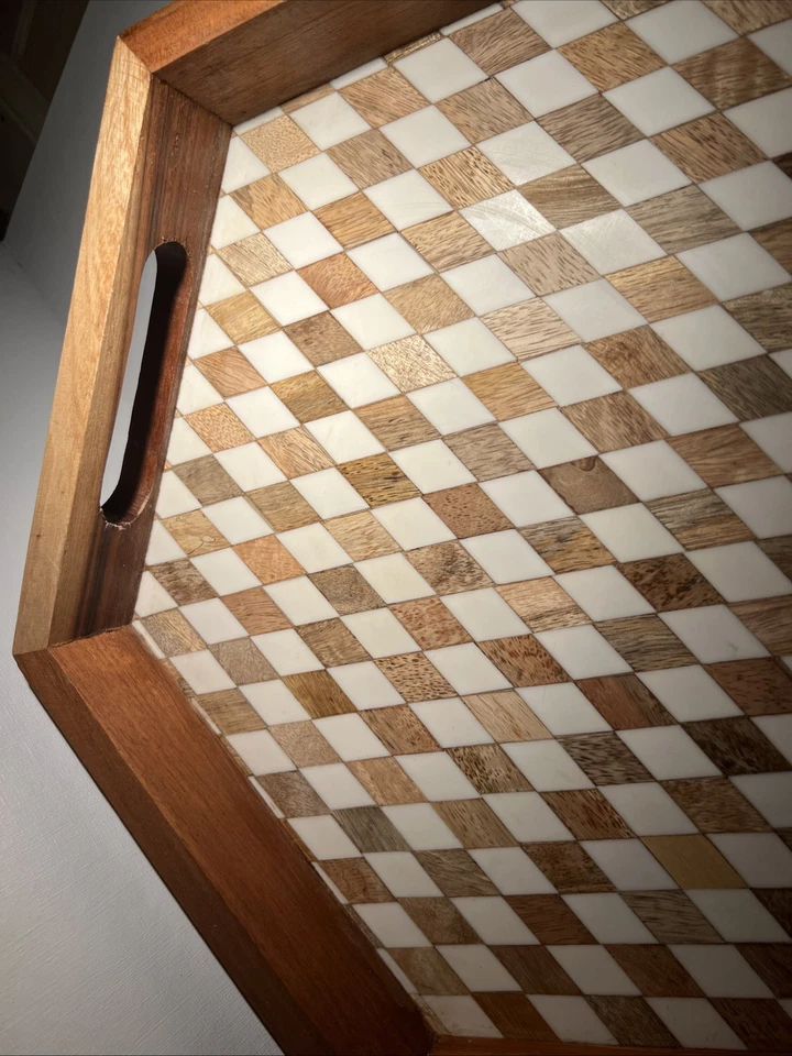 Handmade Wooden Hexagon Tray Bone Inlay Geometric Design – Made in India  - Image 4 of 4