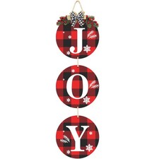 Christmas Decoration Joy Wreath, Buffalo Check Plaid Hanging Sign for Front D...
