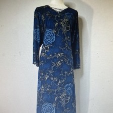 Blue Velvet Floral Maxi Dress V-Neck Lace Up Long Sleeve Gold Accents Pullover