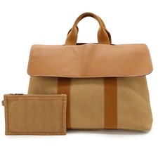 HERMES Valparaiso MM  Handbag  Toile Chevron Canvas  Leather, Brown,