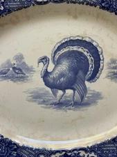 RARE Vintage 1900s Ducal Crown Ware Turkey Thanksgiving blue/white platter Tray