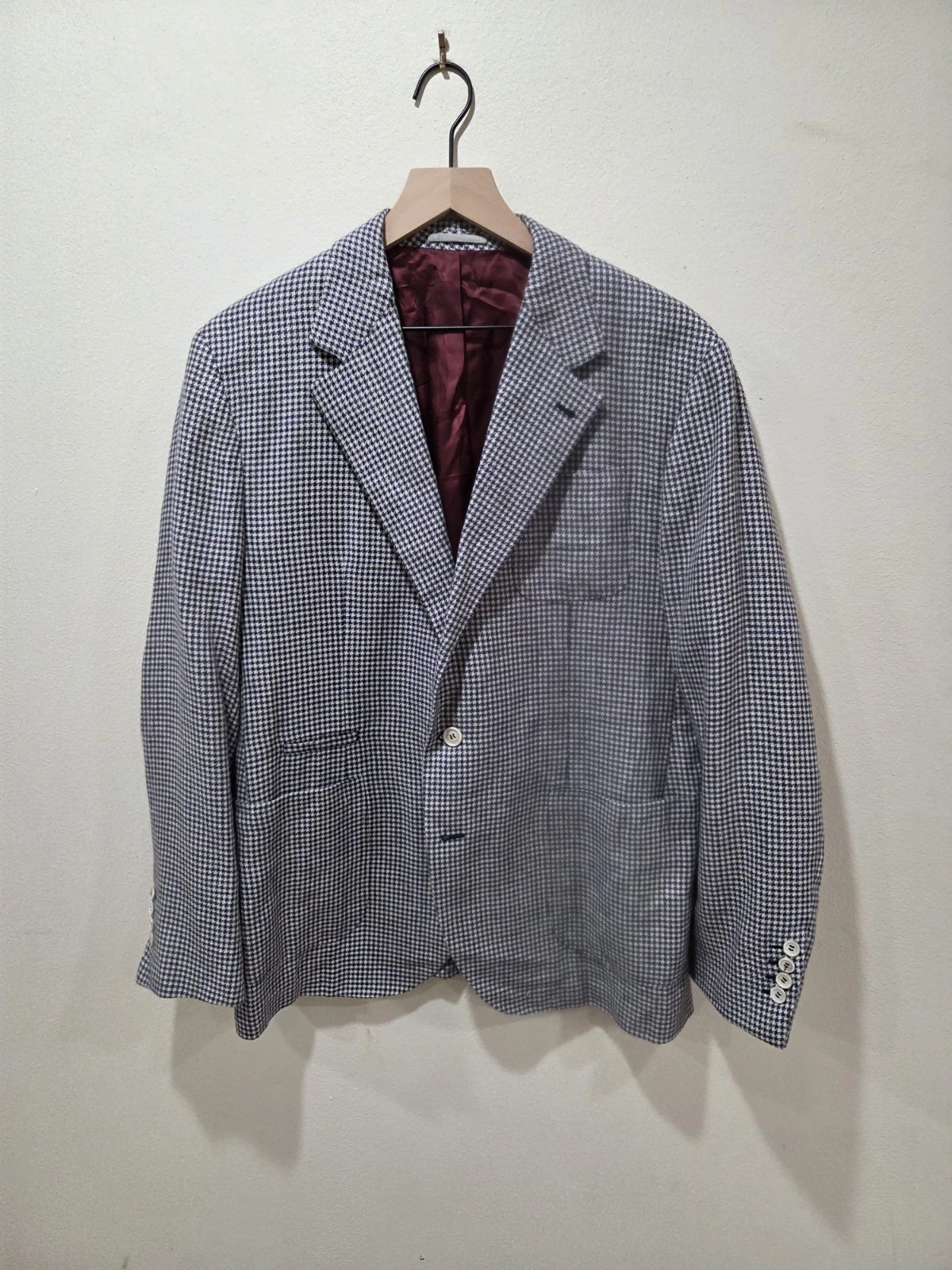 Brunello Cucinelli — Brunello Cucinelli Blue Houndstooth Linen Wool Sport Coat Jacket 44R - 46R