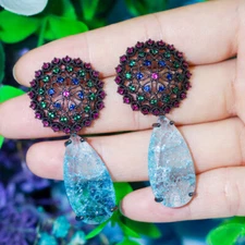 Iced Blue Drop Cracked Round Flower Earrings Black Gold Plated CZ Women Jewelry