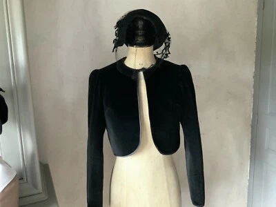 Linge Ancien Vintage Veste Chic Velours Ras Noir D’Epoque Doublure Soie - Photo 1/4