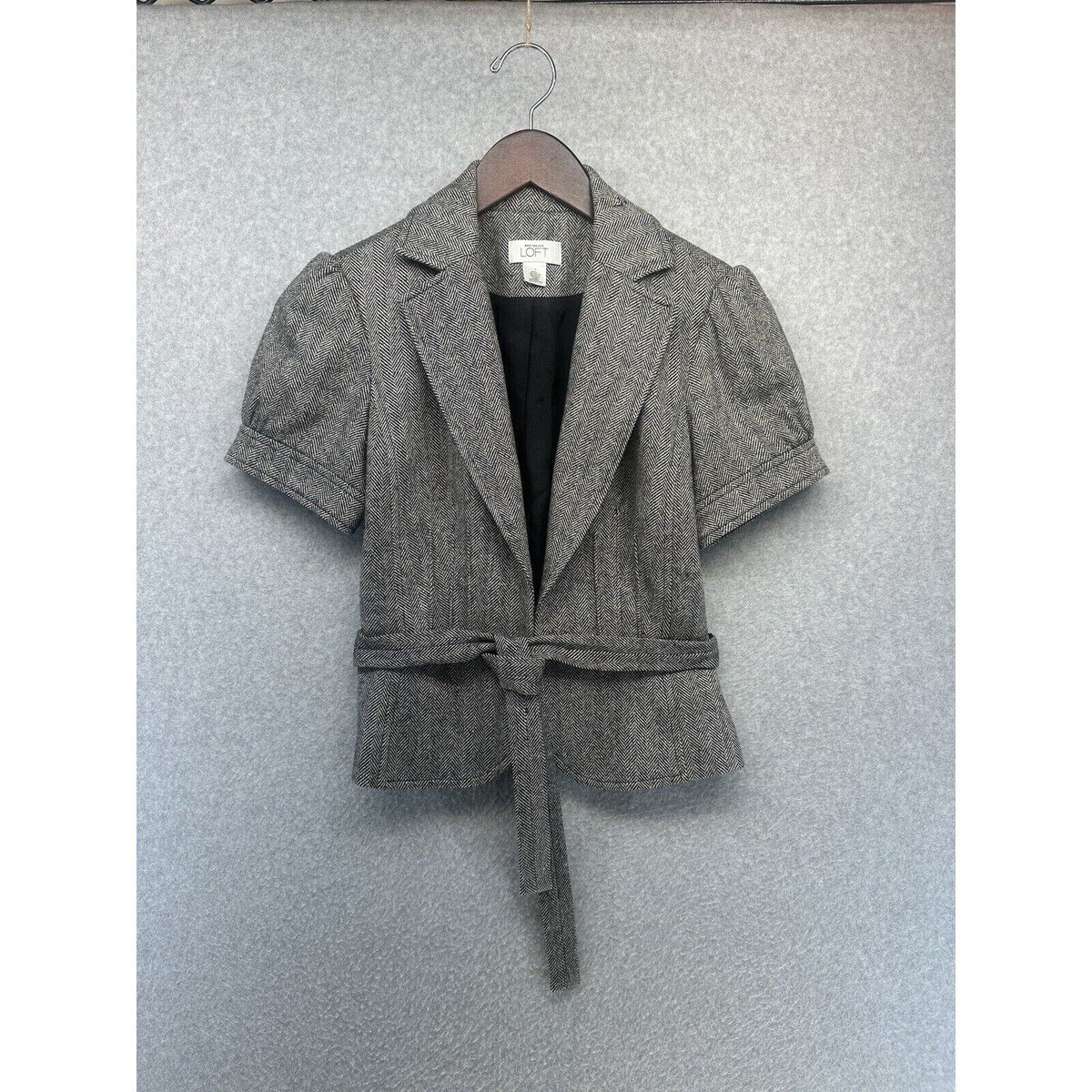 Ann Taylor Loft Womens Jacket Black Herringbone Belted Wool Cap