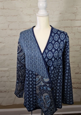 J Jill PM Petite Drapey Cardigan Sweater BOHO Blue Floral Paisley NEW