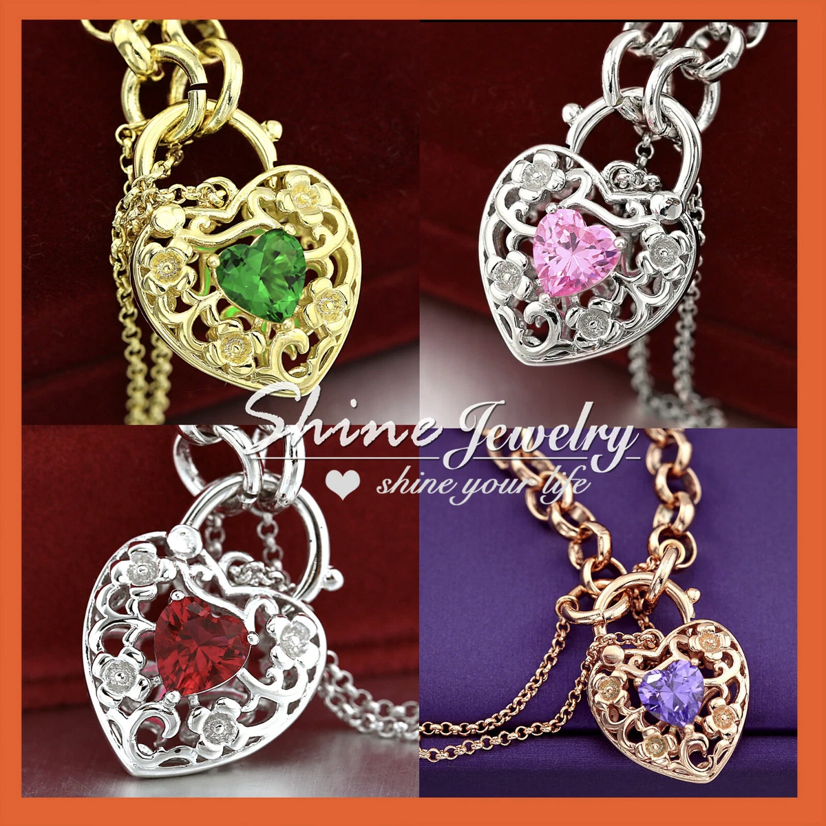 18K GOLD GF VINTAGE BELCHER CHAIN RING GEM CRYSTAL HEART PADLOCK BANGLE BRACELET